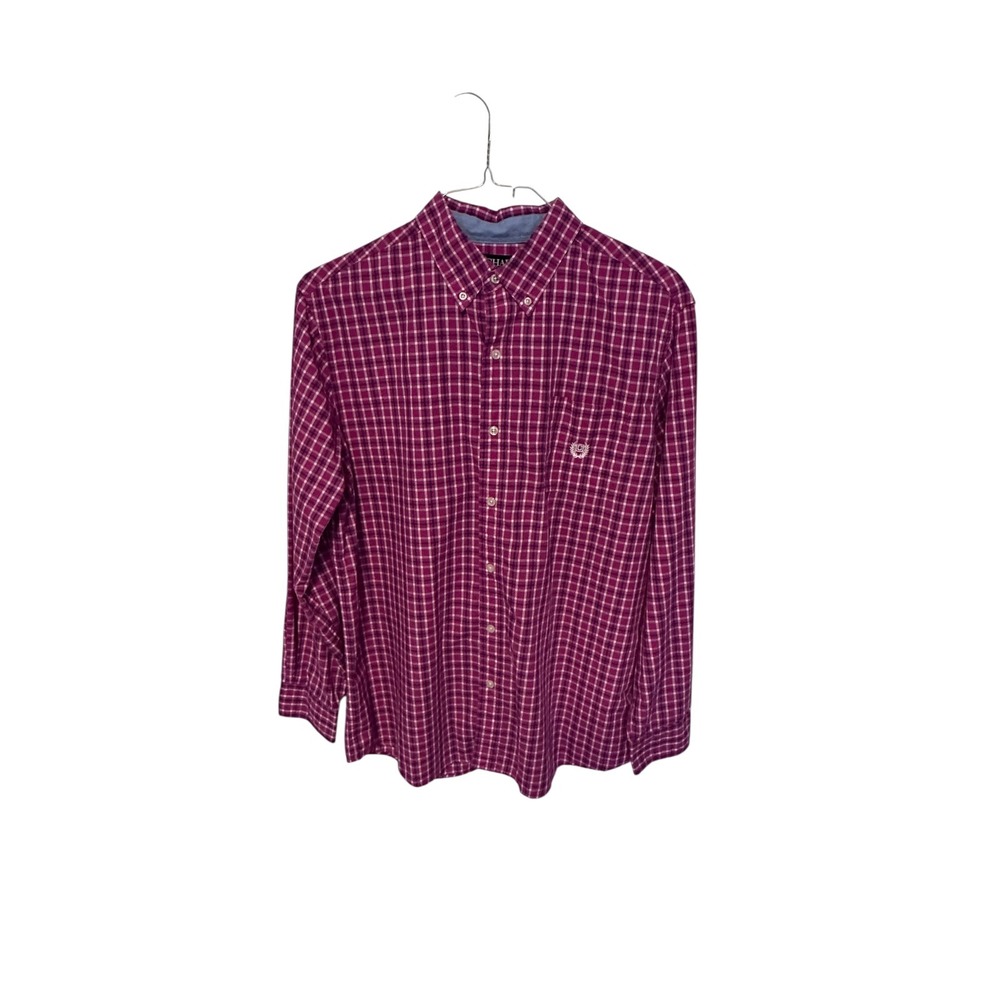 Chaps Button Down Shirt Men Large Pink Plaid Easy Care‎ Cotton Blend Long Sleeve